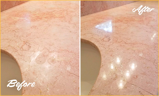Before and After Picture of a McClellanville Marble Vanity Top Honed to Eliminate Water Spots