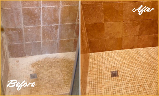 Before and After Picture of a Lincolnville Travertine Shower Honed to Remove Mineral Deposits