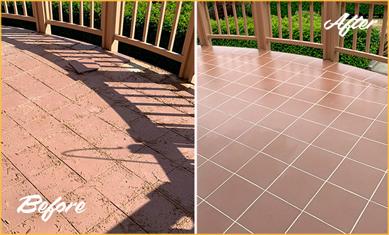 Before and After Picture of a Daniel Island Hard Surface Restoration Service on a Tiled Deck