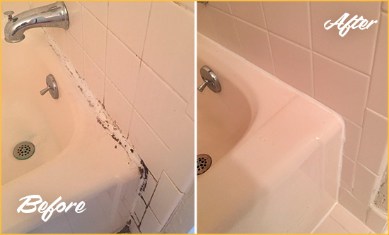 Before and After Picture of a Meggett Hard Surface Restoration Service on a Tile Shower to Repair Damaged Caulking