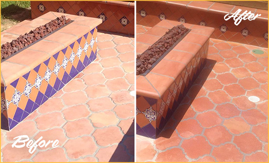Before and After Picture of a James Island Hard Surface Restoration Service on a Dull Terracotta Patio Floor to Recover Its Color