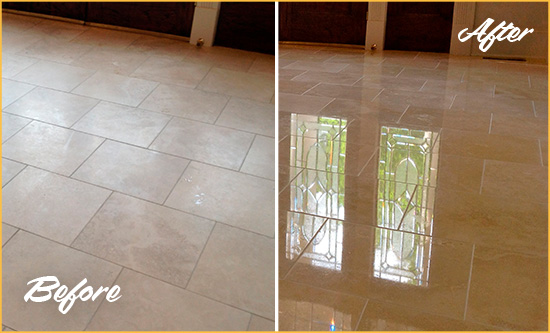 Before and After Picture of a James Island Hard Surface Restoration Service on a Dull Travertine Floor Polished to Recover Its Splendor
