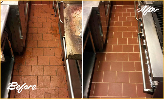 Before and After Picture of a Charleston Hard Surface Restoration Service on a Restaurant Kitchen Floor to Eliminate Soil and Grease Build-Up