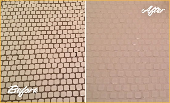 Before and After Picture of a Johns Island Hard Surface Restoration Service on a Bathroom Tile Floor Recolored to Fix Grout Color