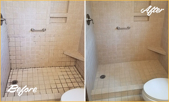 Before and After Picture of a Charleston Shower Grout Cleaned to Remove Mold