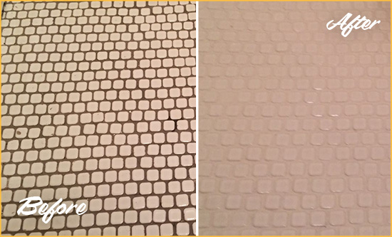 Before and After Picture of a Sullivan's Island Mosaic Tile floor Grout Cleaned to Remove Dirt