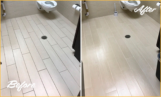 Before and After Picture of a Lincolnville Office Restroom's Grout Cleaned to Remove Dirt