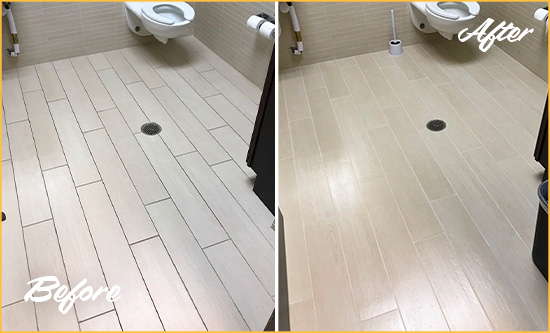 Before and After Picture of a Sullivan's Island Office Restroom's Grout Cleaned to Remove Dirt