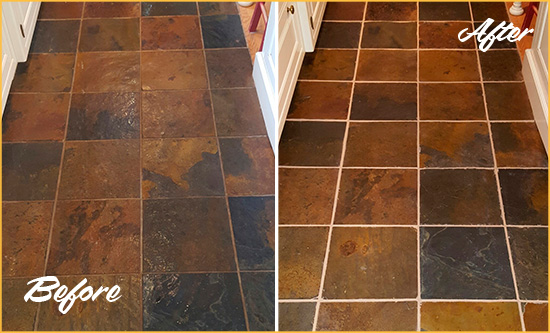 Before and After Picture of Rockville Slate Floor Grout Cleaned to Remove Dirt