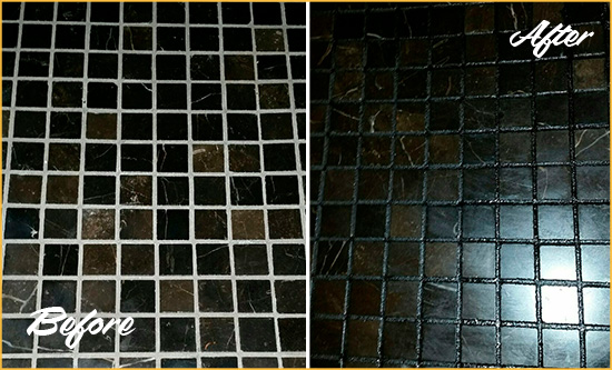 Before and After Picture of a McClellanville Black Floor with Recolored Grout