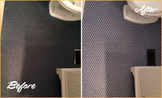 Before and After Picture of a Kiawah Island Blue Tile Floor Recolored Grout
