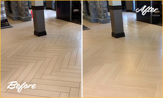 Before and After Picture of a Johns Island Office Lobby Floor Recolored Grout