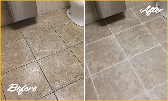 Before and After Picture of a North Charleston Office Restroom Floor Recolored Grout