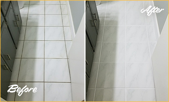 Before and After Picture of a McClellanville White Ceramic Tile with Recolored Grout