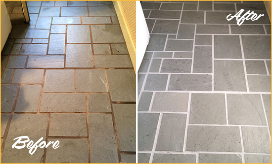 Before and After Picture of Damaged Daniel Island Slate Floor with Sealed Grout