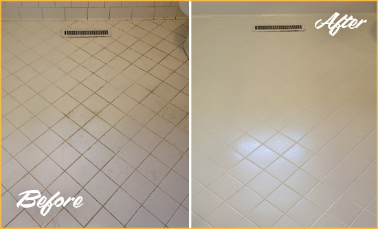Before and After Picture of a Meggett White Bathroom Floor Grout Sealed for Extra Protection