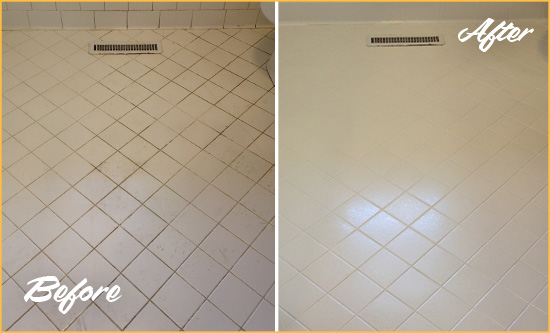 Before and After Picture of a Daniel Island White Bathroom Floor Grout Sealed for Extra Protection