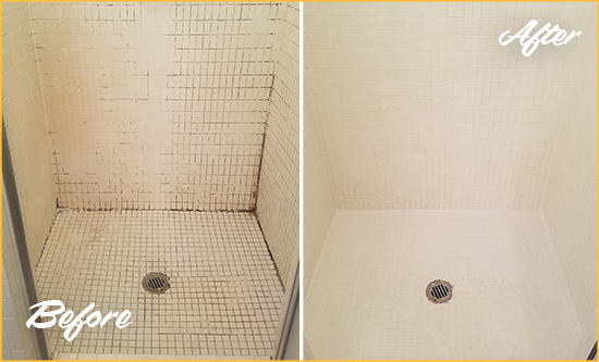 Before and After Picture of a McClellanville Bathroom Grout Sealed to Remove Mold