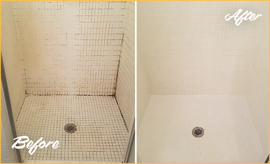 Before and After Picture of a Daniel Island Bathroom Grout Sealed to Remove Mold