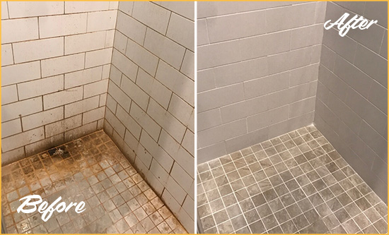 Before and After Picture of a Meggett Shower Grout Sealed to Eliminate Mold