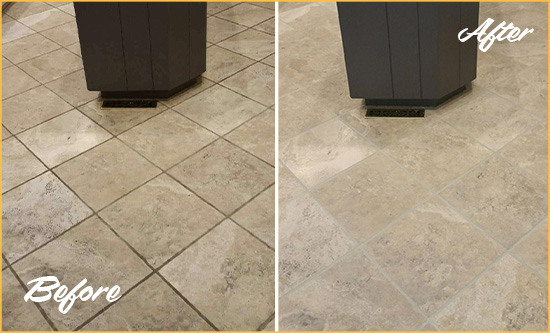 Before and After Picture of a Meggett Kitchen Floor Grout Sealed to Remove Stains