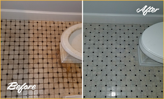 Before and After Picture of a Kiawah Island Bathroom Floor Cleaned to Remove Embedded Dirt