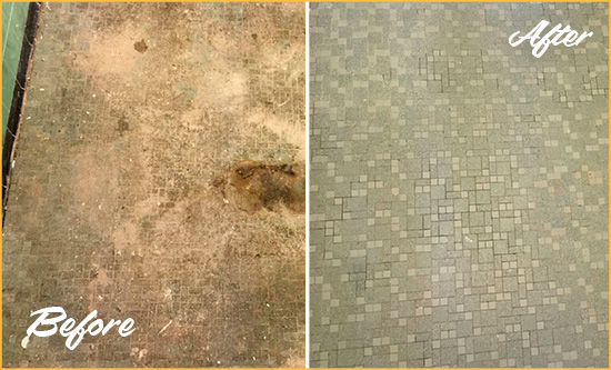 Before and After Picture of a Awendaw Mosaic Shower Cleaned to Eliminate Embedded Dirt