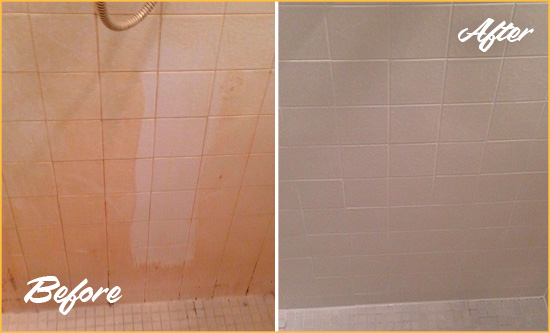 Before and After Picture of a Rockville Porcelaine Shower Cleaned to Remove Soap Scum