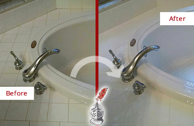Before and After Picture of a Hotel Bathtub Caulking Repair