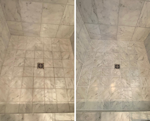 Shower Floor Before and After a Service from Our Tile and Grout Cleaners in Kiawah Island
