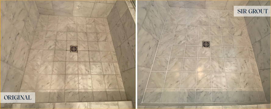 Shower Floor Before and After a Service from Our Tile and Grout Cleaners in Kiawah Island