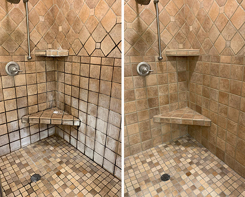 Shower Stall Before and After a Tile Cleaning in Seabrook Island