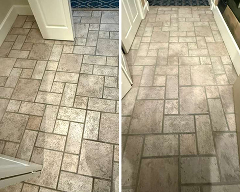 Tile Floor Before and After a Grout Cleaning in Kiawah Island
