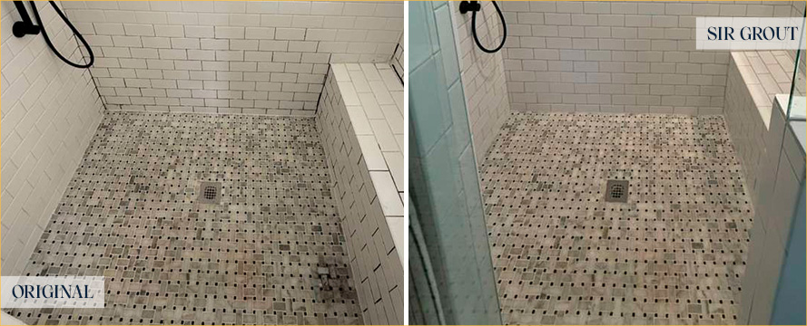 Shower Before and After a Flawless Grout Recoloring in Charleston, SC