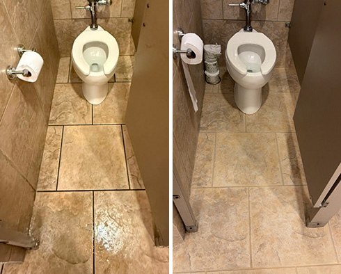 Restroom Floor Before and After a Service from Our Tile and Grout Cleaners in Charleston