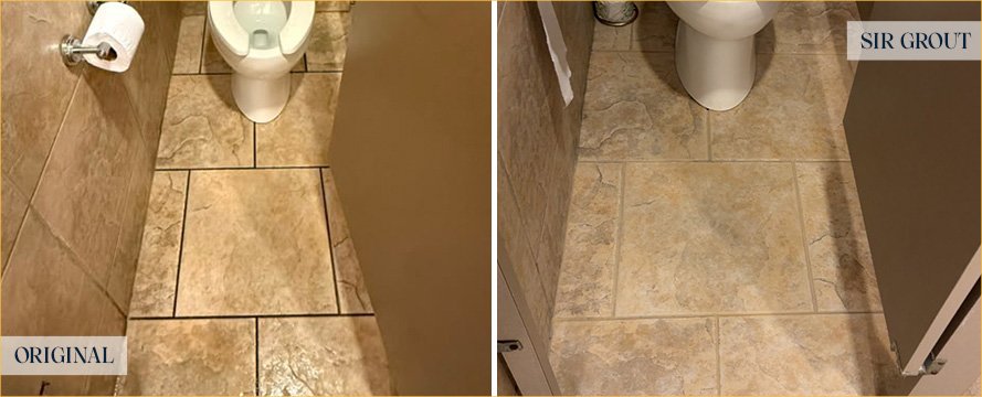 Restroom Floor Before and After a Service from Our Tile and Grout Cleaners in Charleston