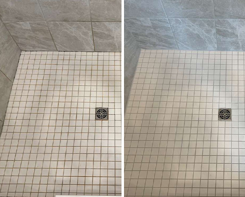Shower Floor Before and After a Grout Cleaning in Summerville