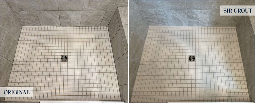 Shower Floor Before and After a Grout Cleaning in Summerville