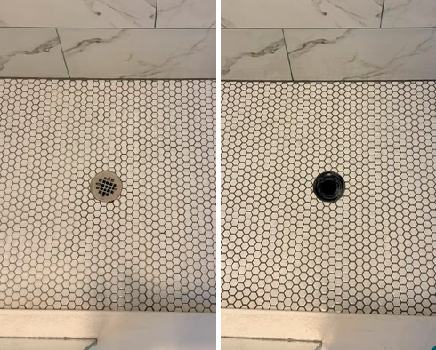 Shower Before and After a Grout Recoloring in Charleston, SC