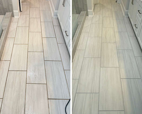 Master Bathroom Floor Before and After a Grout Cleaning in Charleston