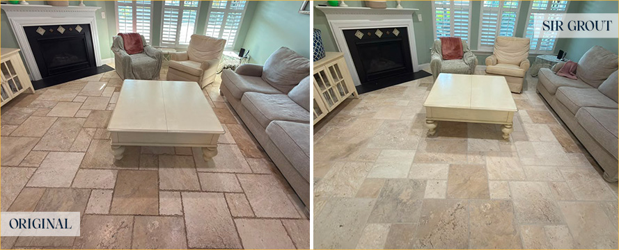 Living Room Floor Before and After a Stone Cleaning in Summerville
