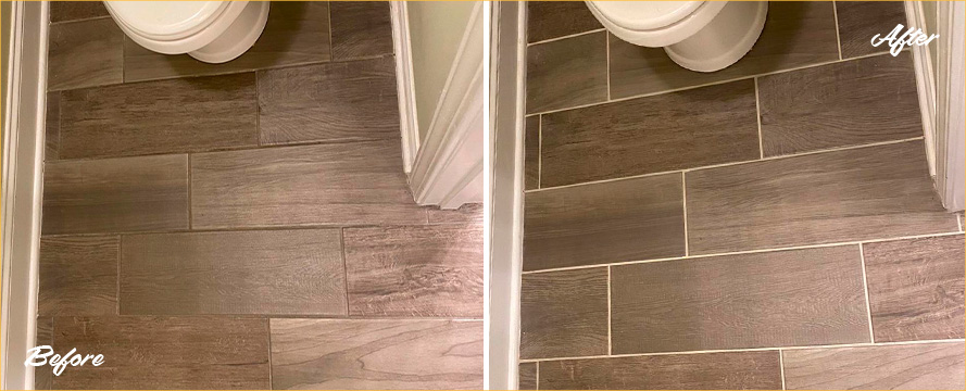 Bathroom Floor Before and After a Grout Cleaning in Charleston, SC