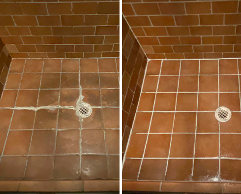 Shower Floor Before and After Our Hard Surface Restoration Services in Charleston