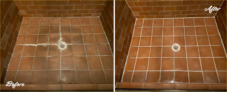 Shower Floor Before and After Our Hard Surface Restoration Services in Charleston
