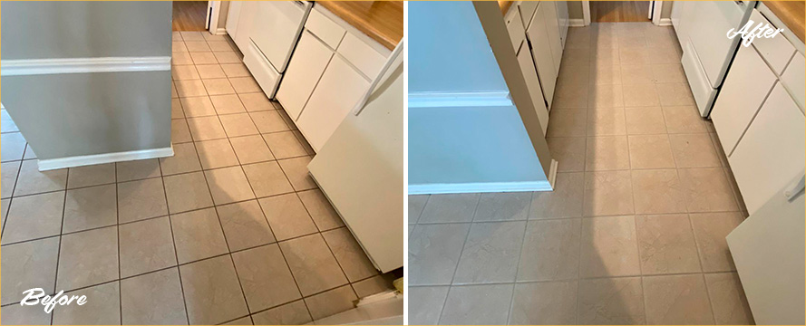 Kitchen Floor Floor Before and After a Grout Sealing in Charleston