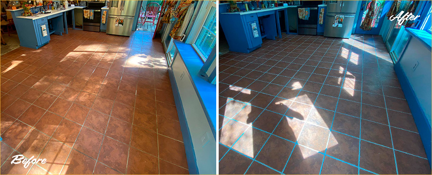 Kitchen Floor Before and After a Grout Sealing in Kiawah Island