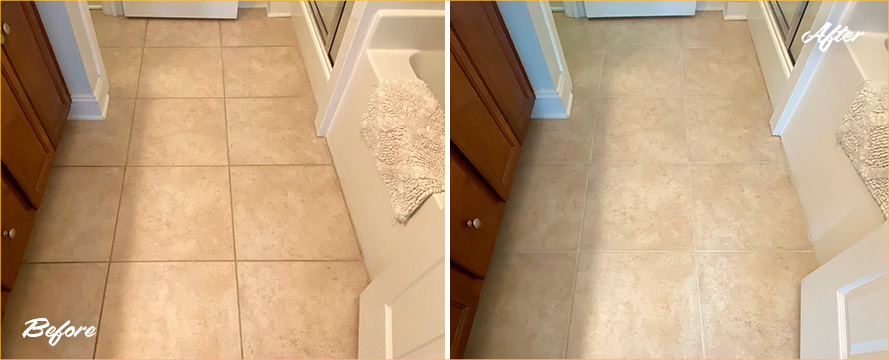 Guest Bathroom Floor Before and After a Grout Cleaning in Charleston
