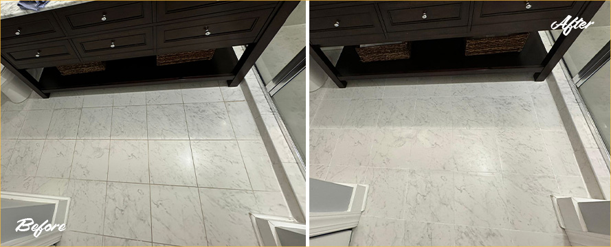 Bathroom Floor Before and After a Service from Our Tile and Grout Cleaners in Charleston