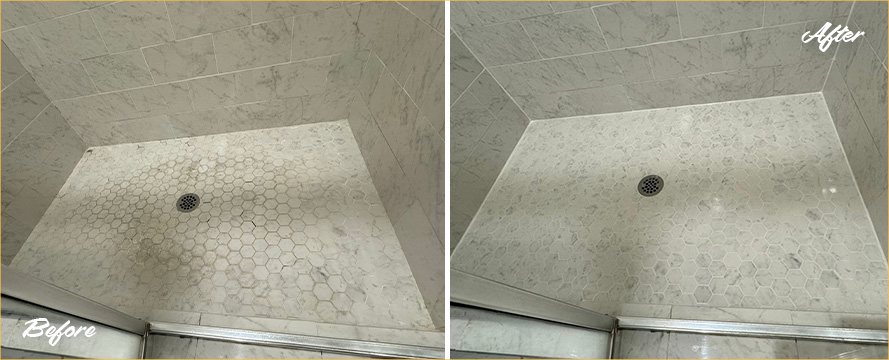 Shower Before and After a Service from Our Tile and Grout Cleaners in Charleston
