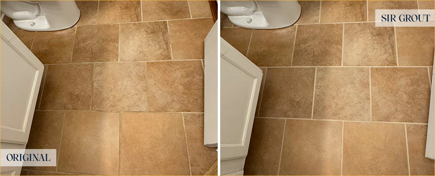 Bathroom Floor Before and After a Grout Recoloring in Summerville, SC